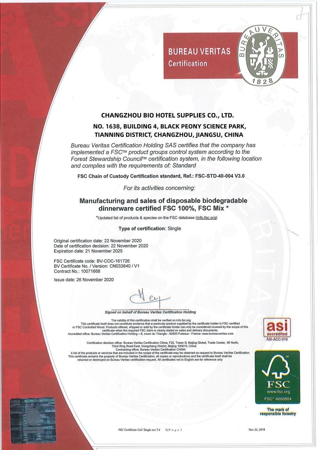CHINA Changzhou Bio Hotel Supplies Co., Ltd. Zertifizierungen